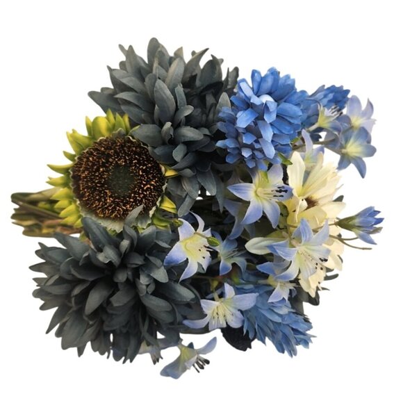 Artificial Blue Mums & White Sunflowers 16 Stem Faux Floral Bundle Arrangement B - Picture 4 of 16